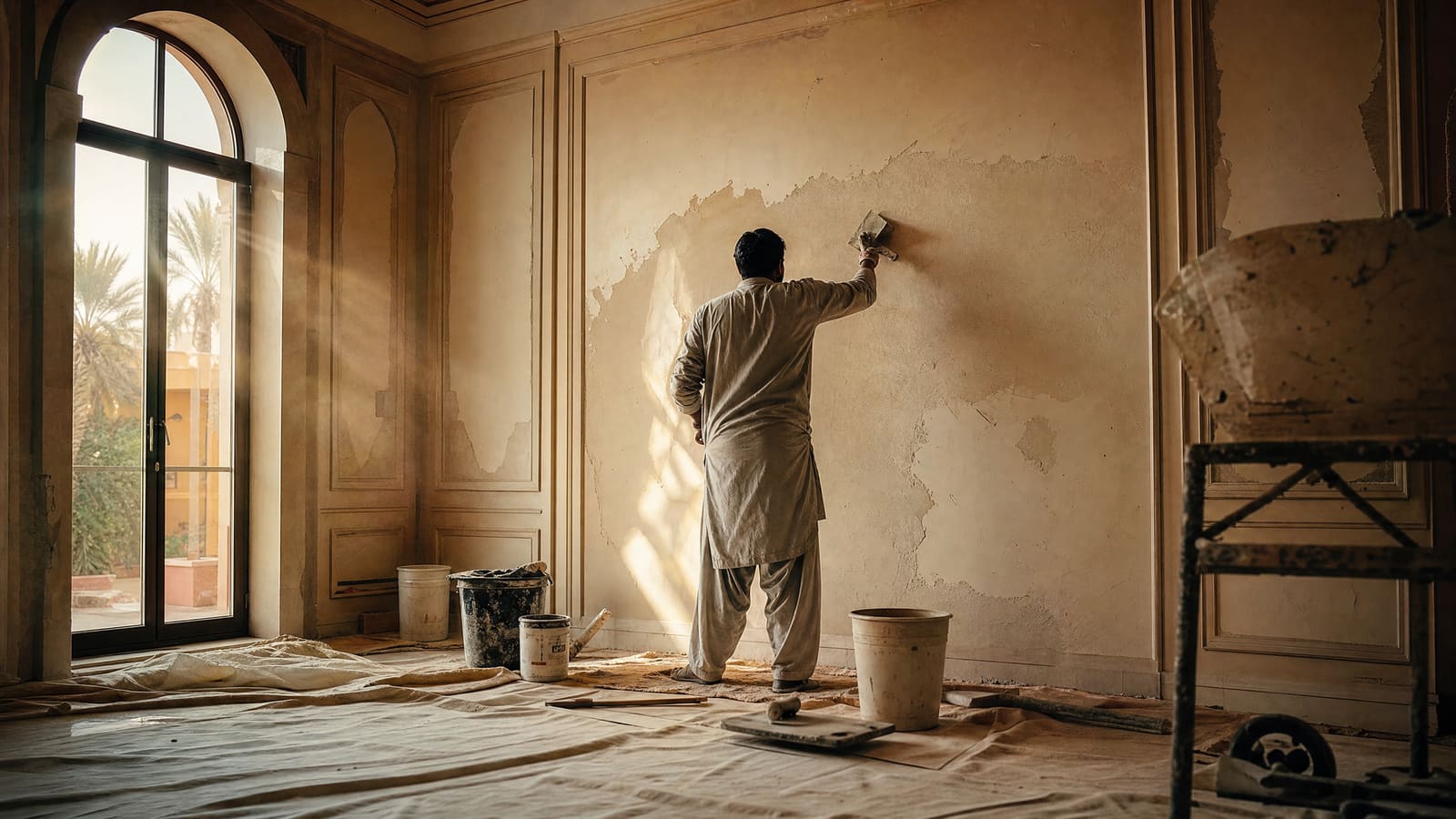 Contractor finishing a wall inside a villa under renovation, tools laid out neatly
