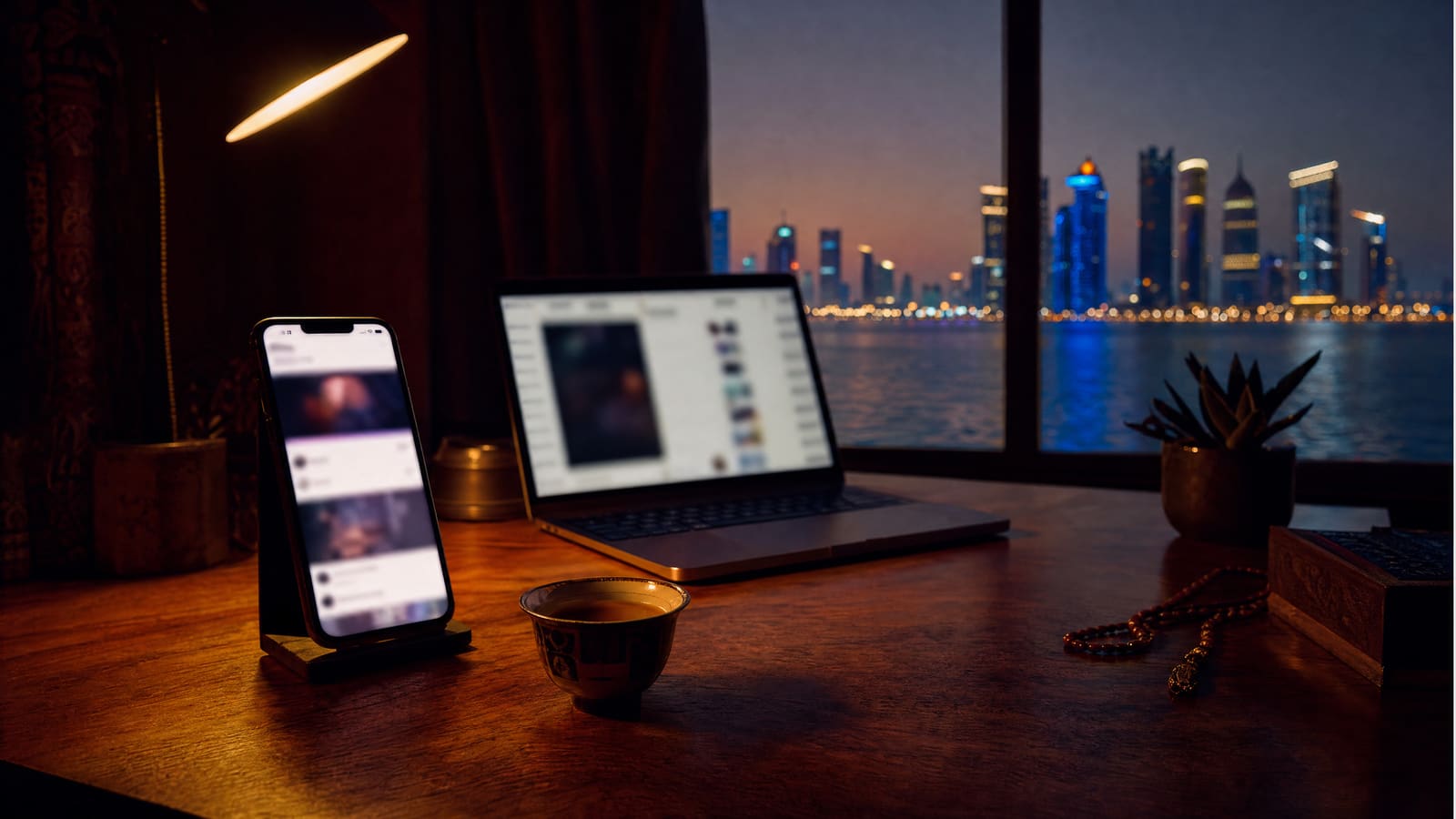 Phone showing a business social feed and chat notifications on a desk with a laptop