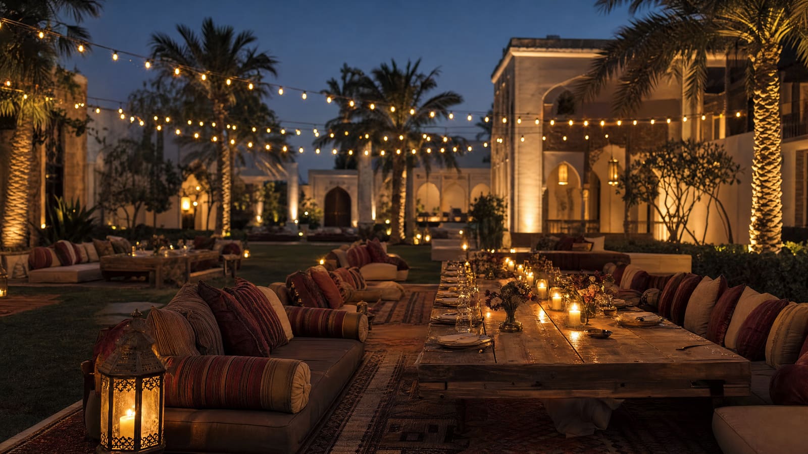 Evening outdoor event setup with warm string lights and seating in a garden